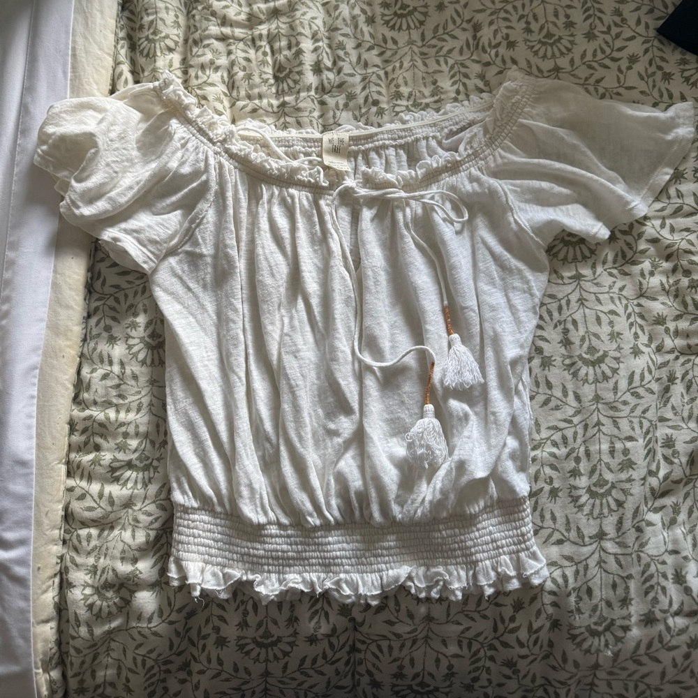 Free People Cream Off-Shoulder Blouse with Tassels